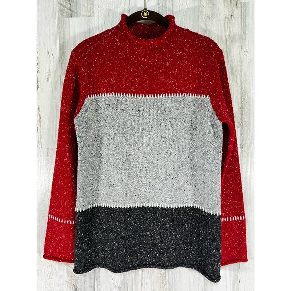 Crazy Horse Mock Neck Sweater Small Red Gray Black Colorblock Rolled Hems - Picture 1 of 7